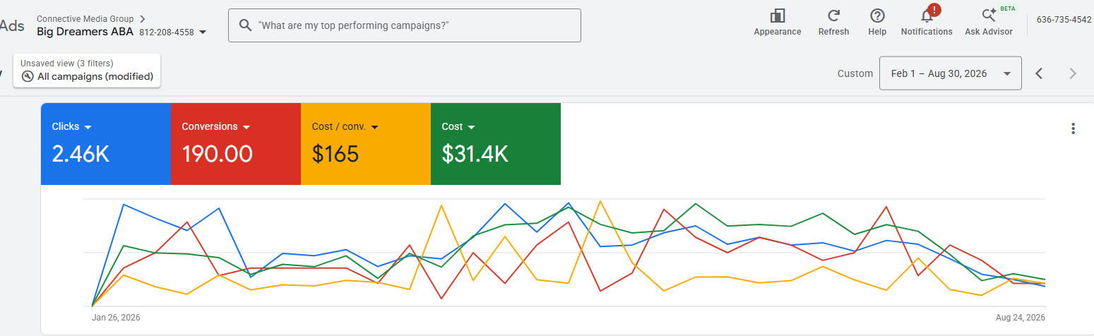 Big Dreamers Aba Google Ads account overview